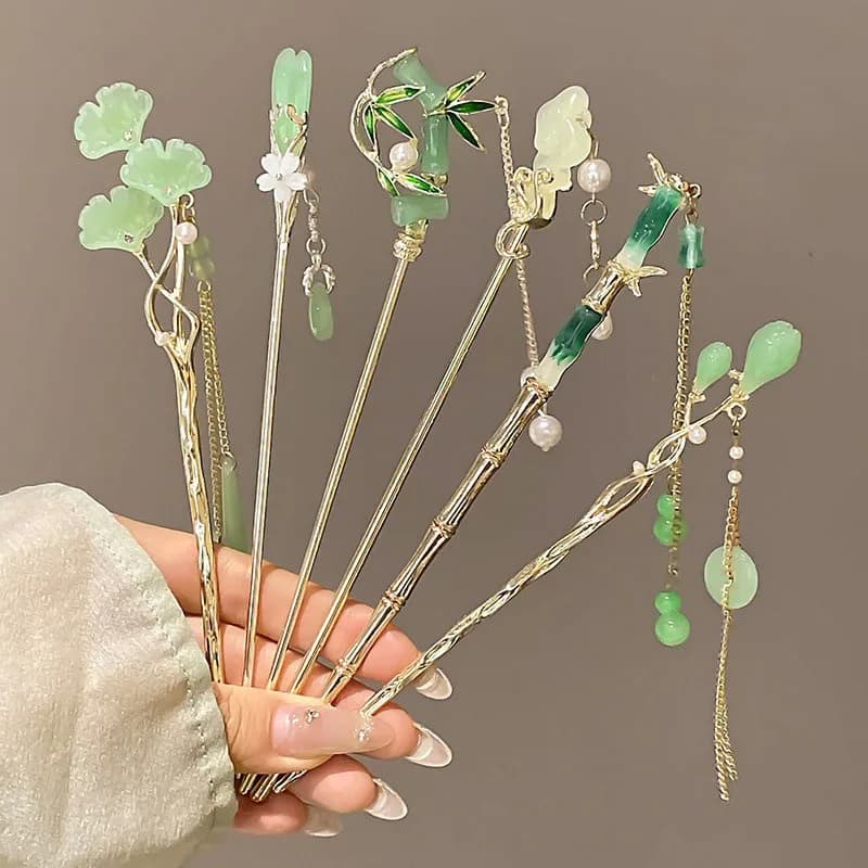 1pc elegant Chinese style green tassel stick traditional floral design accessory for hairstyle woman sweet Hanfu Hairneedle