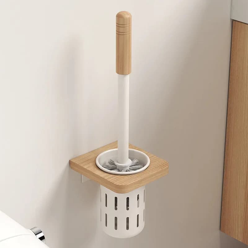 HeMu Hollow Drainage Wall Mount Toilet Brush, Wood Handle & Wood Base Cleaning Set for Family Bathroom Restroom