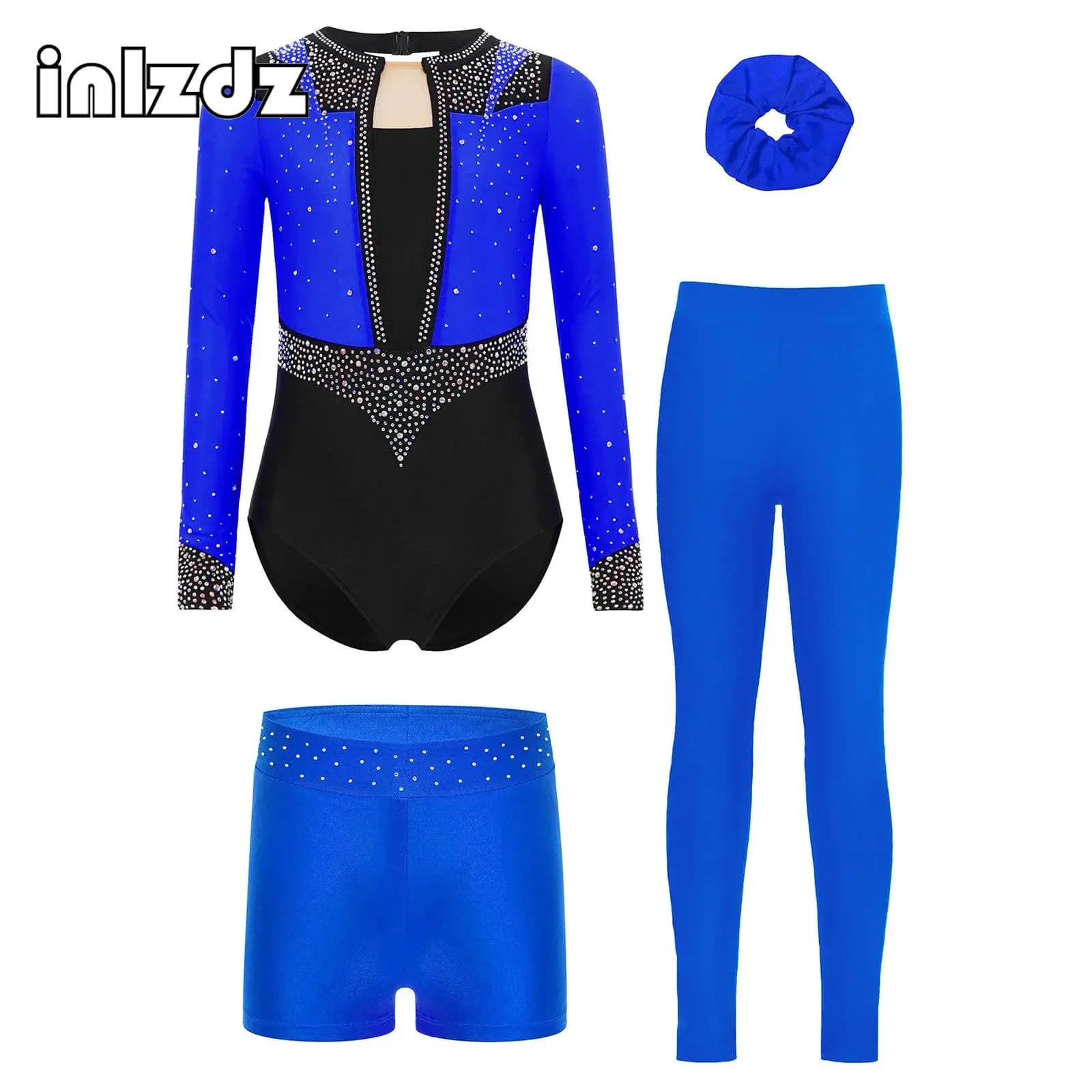 Vestito da pattinaggio di figura per ginnastica per bambina, manica lunga, buco della serratura sul retro, body con strass scintillanti, vestito da spettacolo di danza classica