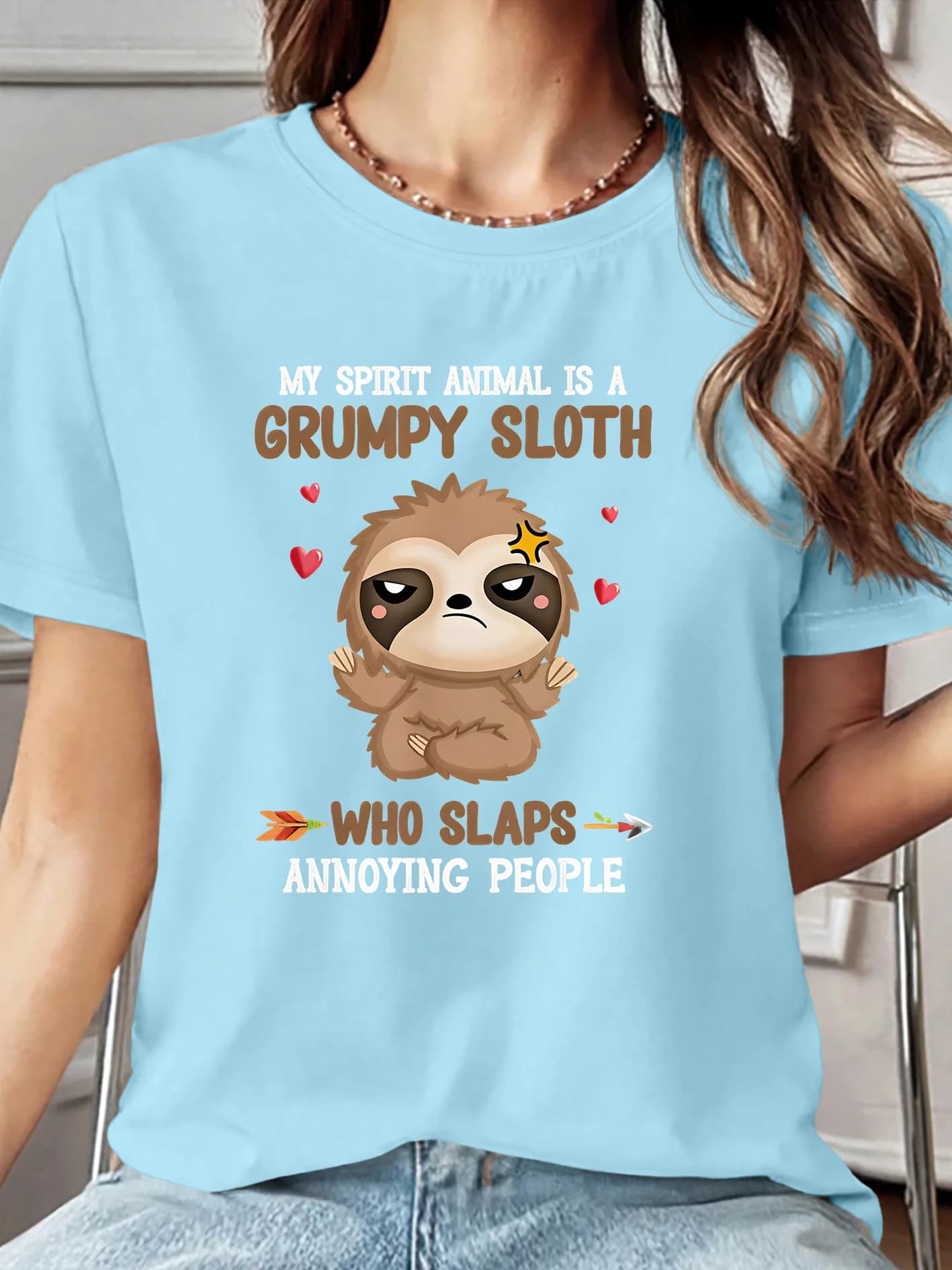 MY SPIRIT ANIMAL IS A GRUMPY SLOTH Angry Sloth Love Arrow Cute Cartoon Printed T-shirt Round Neck Daily Summer Casual Top