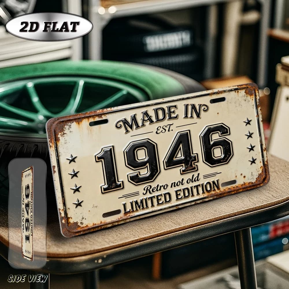 Decorazione da Parete in Metallo Alluminio Stile Targa, Edizione Limitata, Design 2D Piatto, Ispirazione Retrò 'Made In Est.1946', Non Anticata, con Decorazione a Stella, per Garage