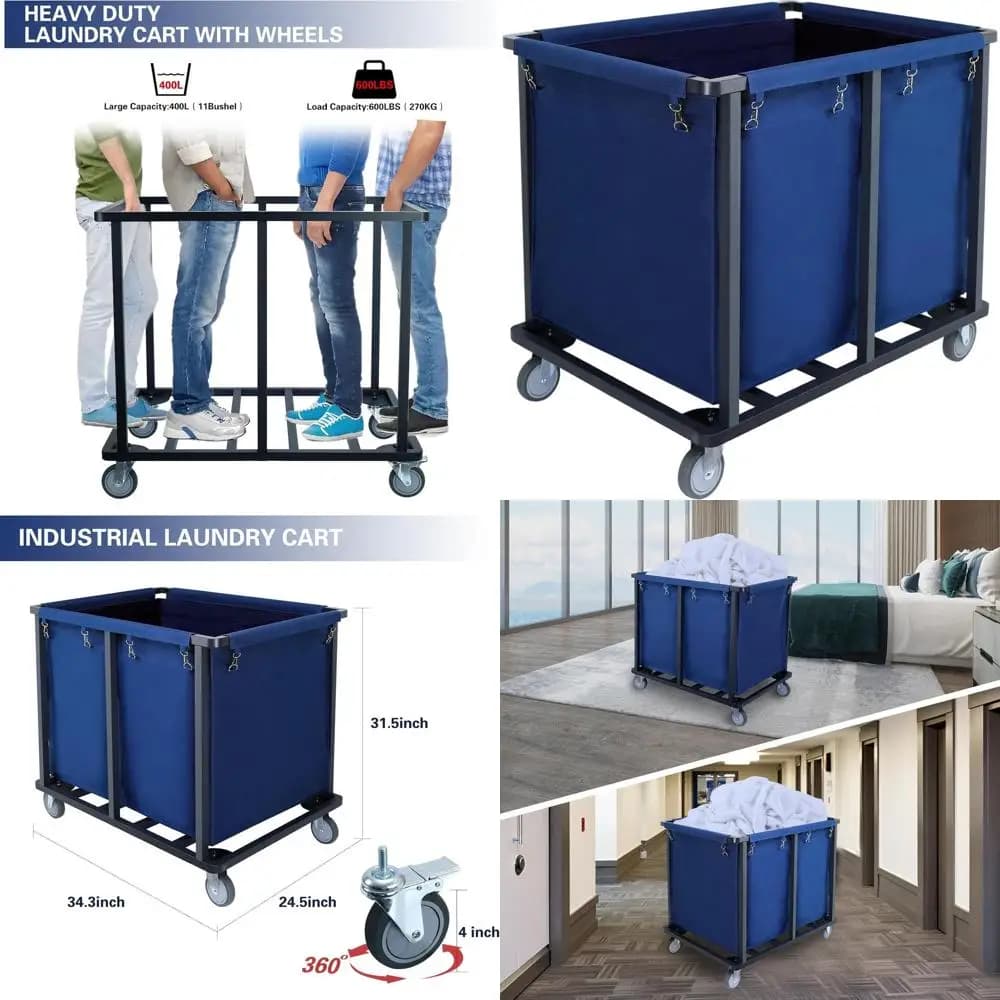 Carrello per Lavanderia in Acciaio Resistente da 400L con Ruote e Sacco in Tessuto per Hotel e Abitazioni