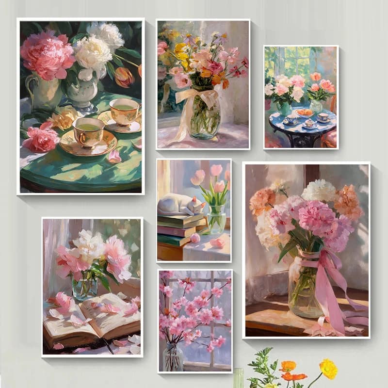 Beautiful And Gentle Vintage Floral – Oil Paint Still Life Frameless Canvas for Home Living Room Sofas Background Wall