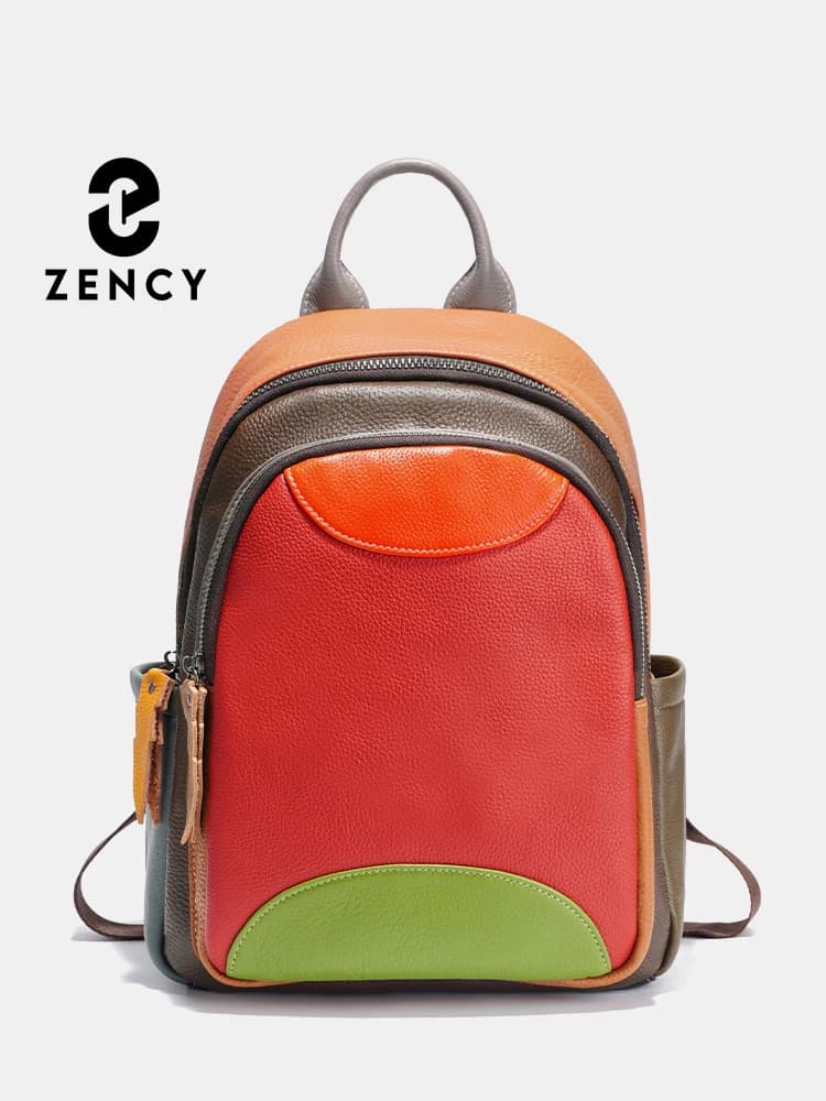 Zency Fashionable Colorful Genuine Leather Patchwork Backpack Women's Niche Design Rucksack Large Capacity Shoulder Bag Knapsack