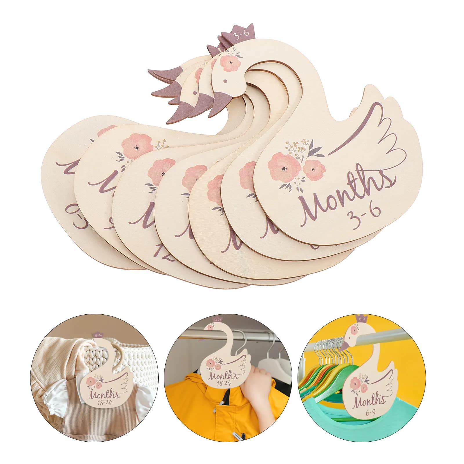 Set di 7 Divisori in Legno a Forma di Cigno per Armadio, Organizzatore per Vestiti da Bambino, Segnapunti per Appendiabiti, Divisori per Guardaroba Neonato e Bambino