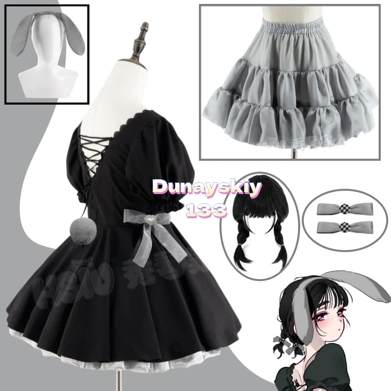 Alien Stage Rabbit Coffee His 3rd Anniv Cosplay Dress Black Dress Camidor Wig Cover for Halloween Role Games