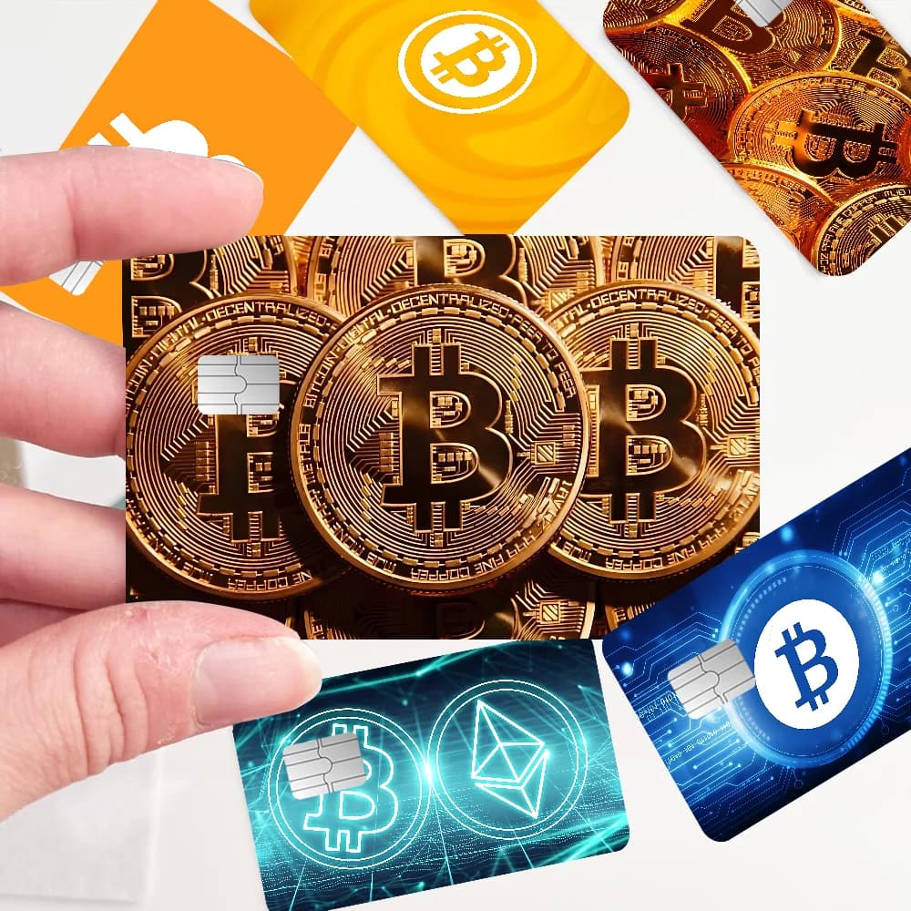 Valuta virtuale Bitcoin 3D Stili diversi Adesivo da poker Pellicola Nastro Pelle per carta di credito Carta di debito Grande chip