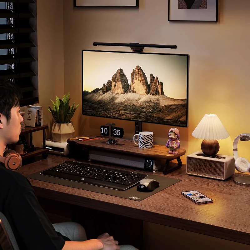 Supporto per monitor in legno di noce con portaoggetti per tastiera e gestione dei cavi Schermo del computer da scrivania Organizzatore per ascensore Scaffale da tavolo