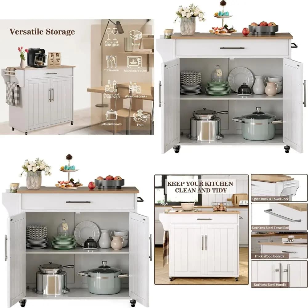 Carrello da Cucina in Legno con Ruote, Portasciugamani, Portaspezie, Bianco