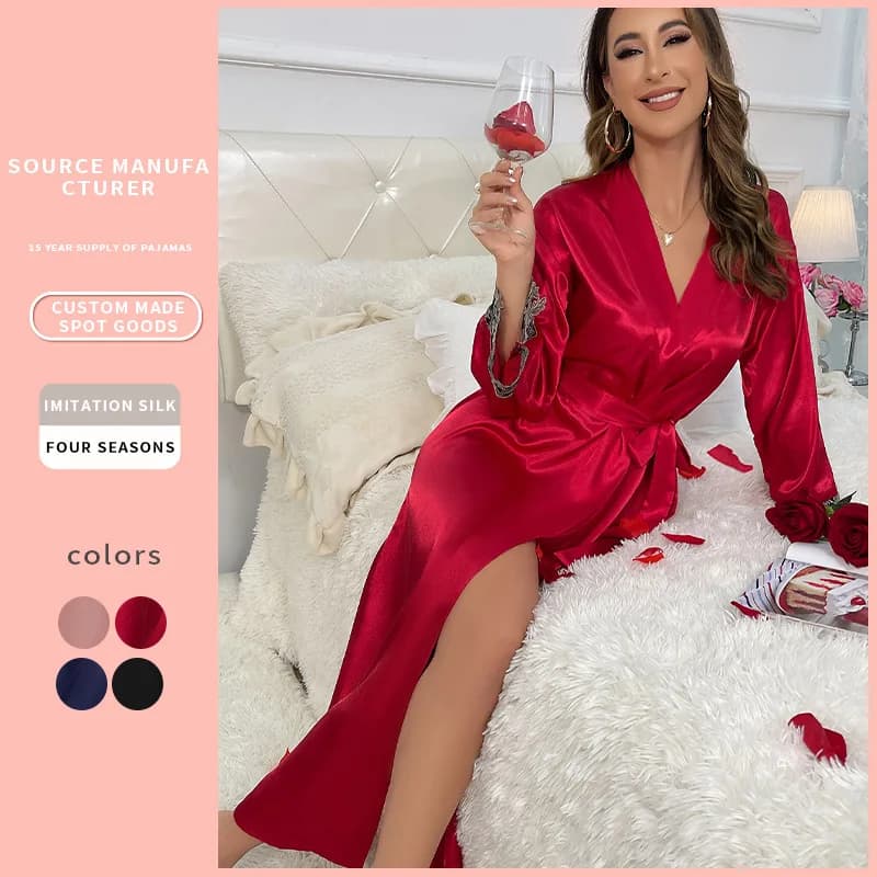 New Women's Satin Robe, Sexy Nightgown Loungewear, Casual Imitation Silk Sleepwear Bathrobe