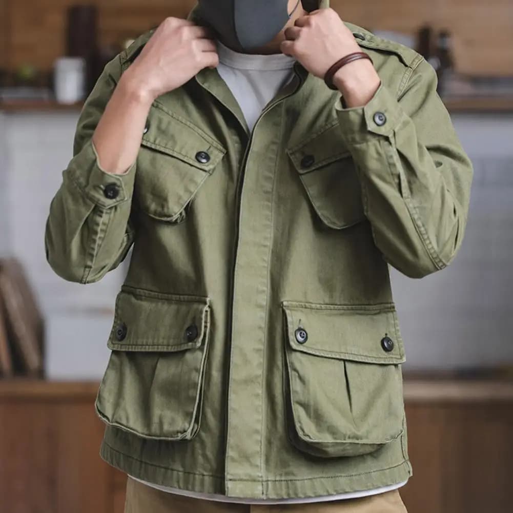Giacca da Lavoro con Tasche Multiple, Cappotto Cargo da Uomo con Colletto, Maniche Lunghe, Tinta Unita, Chiusura con Bottoni, Abbigliamento Casual Autunnale