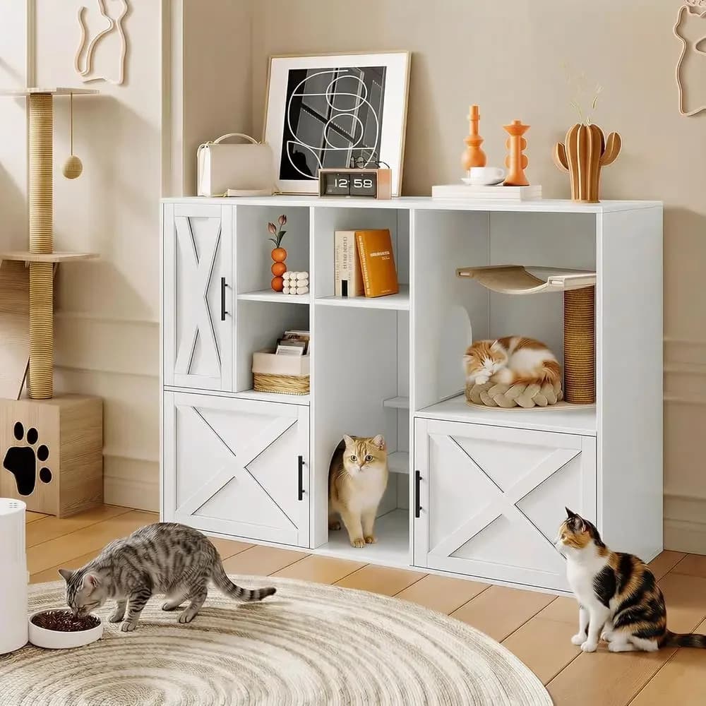 Mobiletto per Gatti a Doppio Scomparto 55 con Ripiani Aperti e Armadietto, Mobile da Bagno in Legno Bianco per Ambienti Abitativi