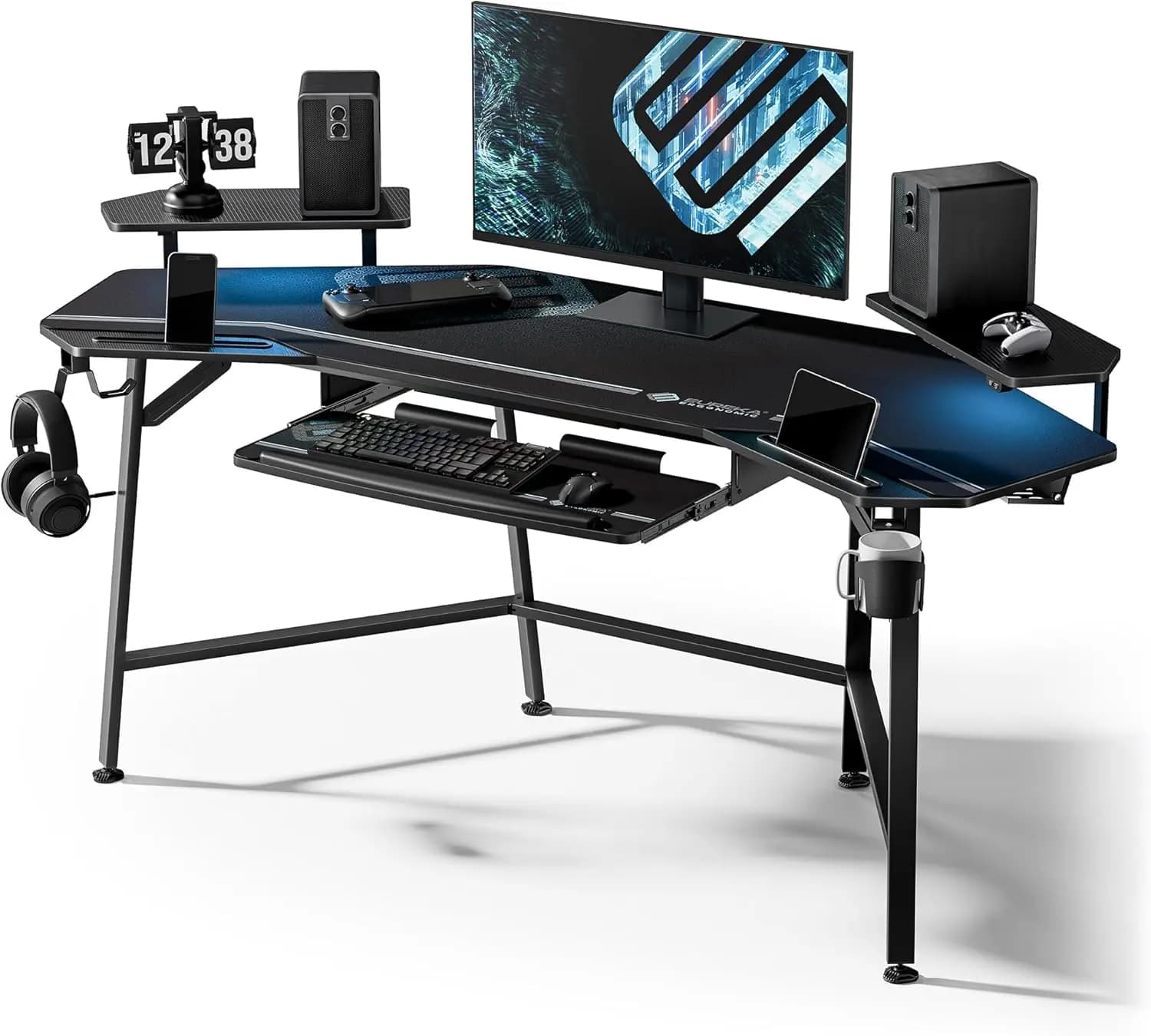 Aero 72 Inch Gaming Desk with Keyboard Tray, Large Computer Desk Led Lights, Wing-Shaped Monitor Stand Dual Headphone Hanger Cup