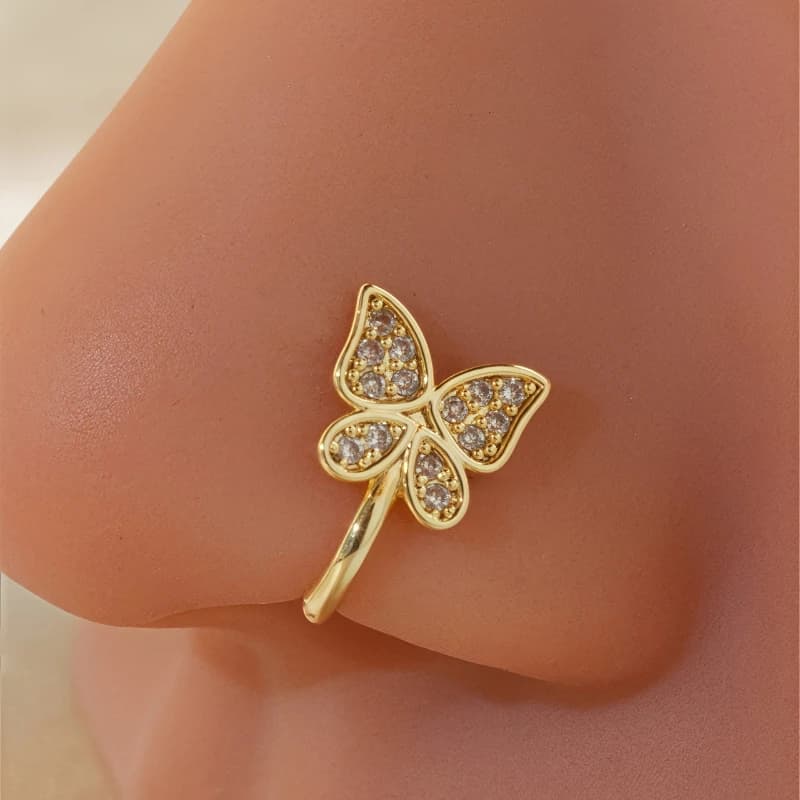 Set da 1 pezzo di fermaglio per naso in zircone a farfalla dolce e carino realizzato in materiale di ottone, stile francese europeo e americano non perforato