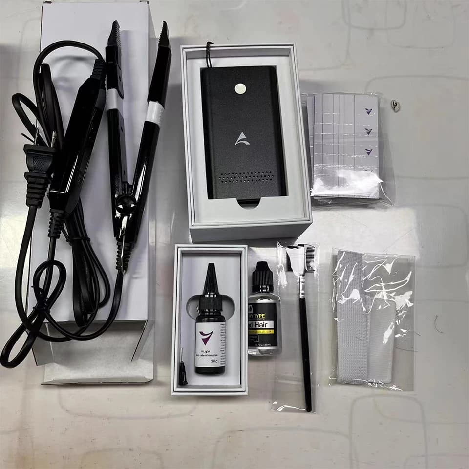 Set di macchine per l'estensione dei capelli con tecnologia V-Light Set combinato di strumenti per l'estensione dei capelli bianchi con colla per l'estensione dei capelli V Light