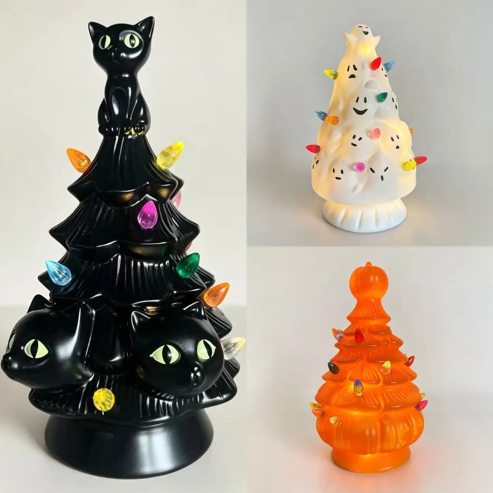 Unique Gothic Black Cat Pre Lit Mini Ceramic Tree With Green Light Bulbs Spooky Halloween Decoration For Home Tabletop Decor