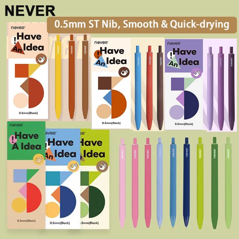 Set di 3 Penne Gel Never con Punta da 0,5mm Senza Clip, Corpo Opaco, Scrittura Fluida, per Studenti, Esami, Ufficio e Scuola