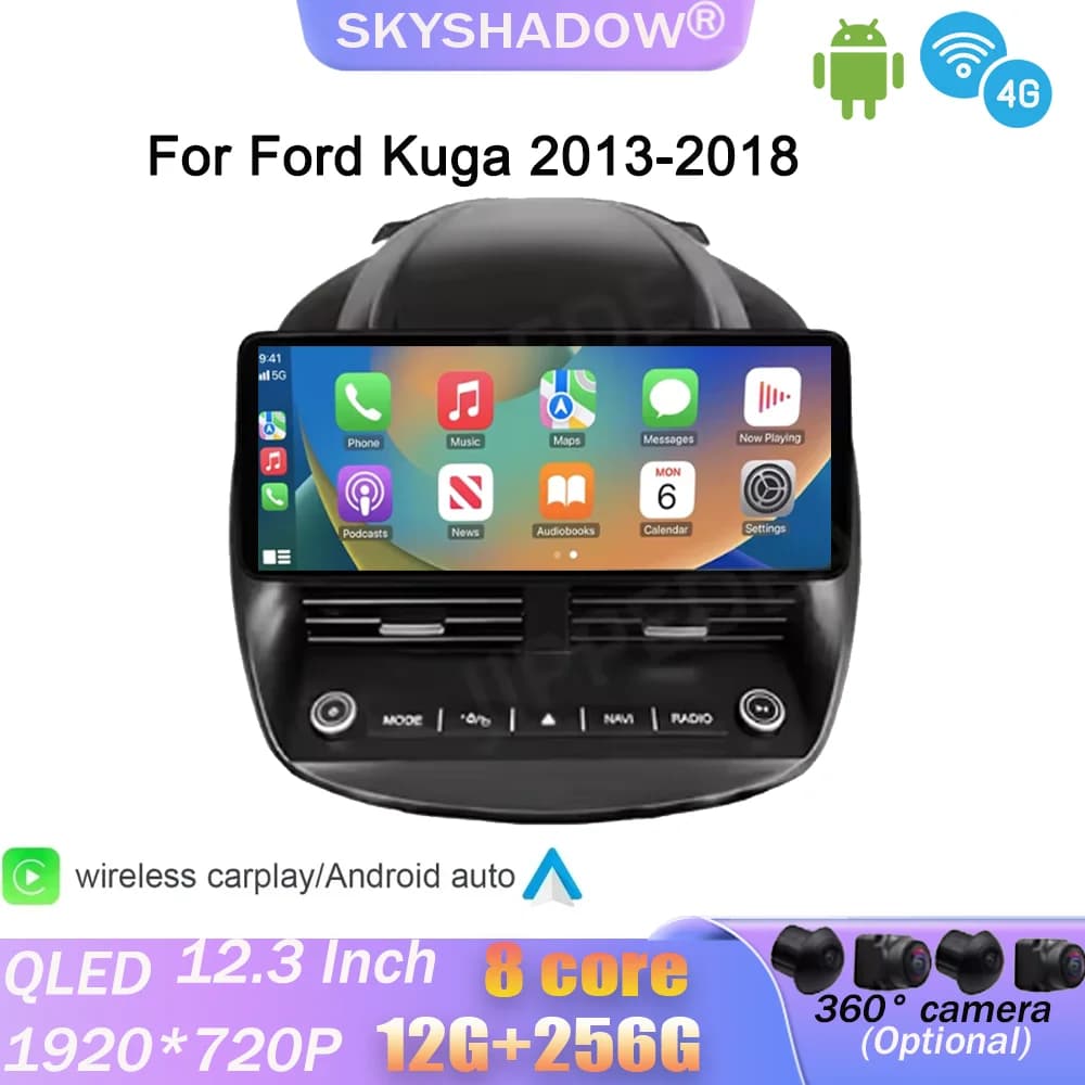 For Ford Kuga 2013-2018 12.3" Android 14.0 GPS Navigation CarPlay 4G WiFi Bluetooth DSP Stereo IPS Multimedia Player Car Radio