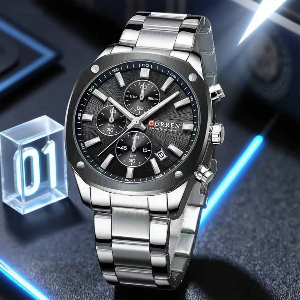 CURREN Watch chronograph business casual man, stainless steel strap with black dial, luminous hands, quartz movement