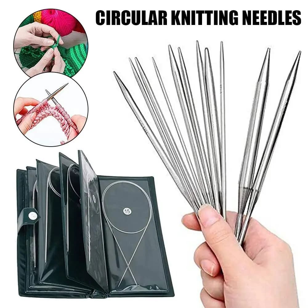 11PCS Aghi per maglieria circolari in acciaio inossidabile Uncinetto Set Tessuto di filato Strumenti artigianali fai-da-te con borsa 43/65/100/120cm di lunghezza