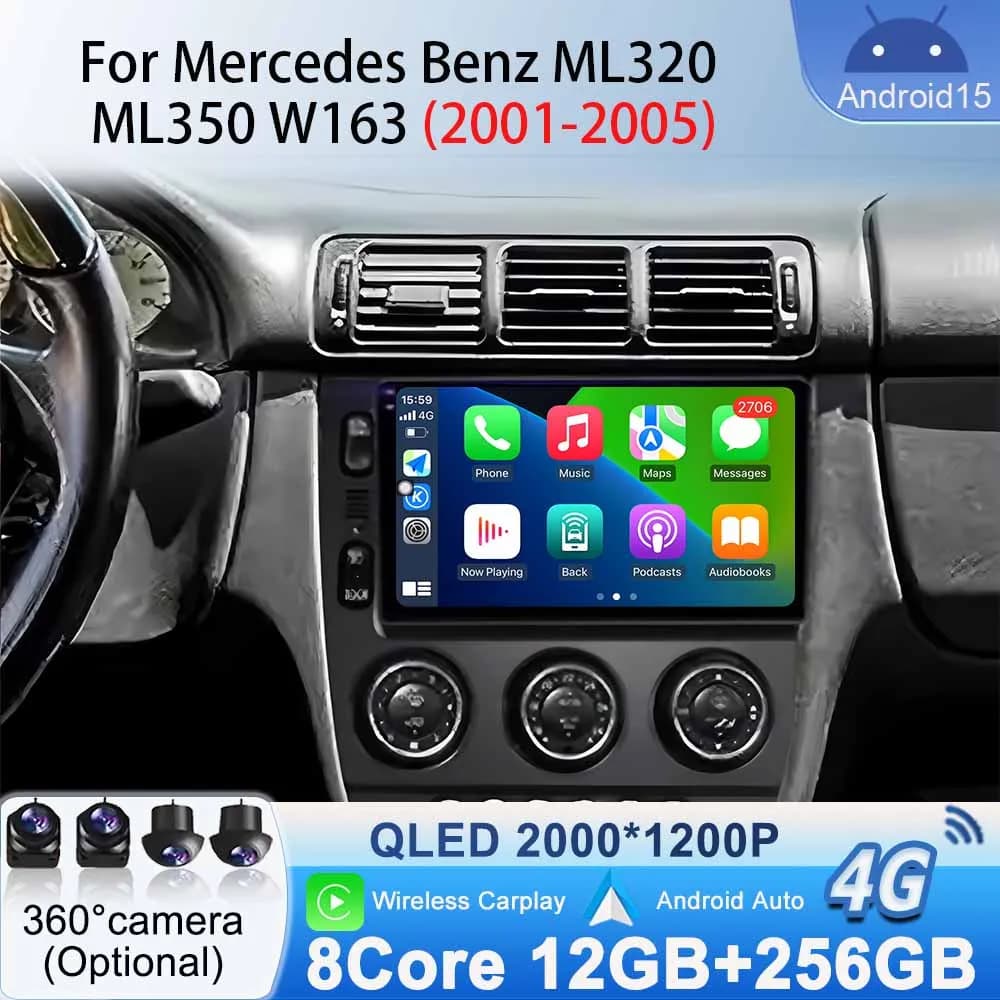 Stereo GPS Navigation Reader for Mercedes Benz ML320 ML350 W163 2001-2005 Autoradio Android 15 Auto Multimedia Video Carplay Auto