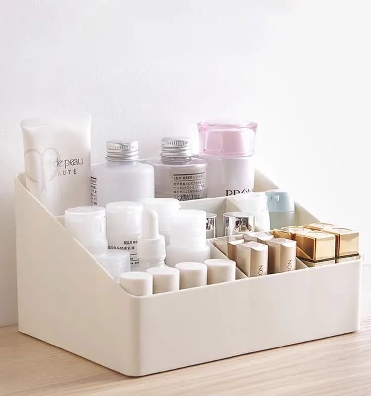 Desk box for cosmetics, multi-spartment organizer in thick plastic for home, bedroom storage box