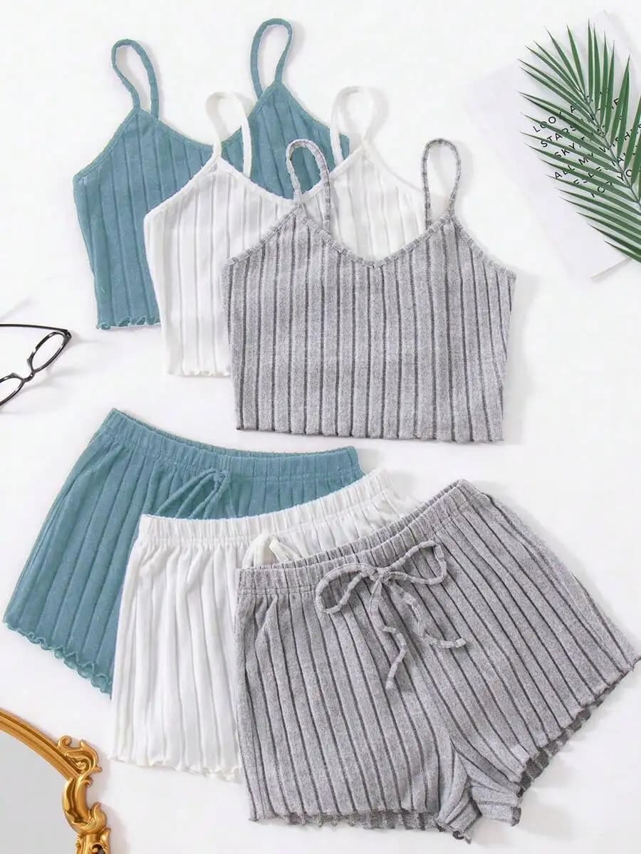 3 set di pigiami da donna con top senza spalline e pantaloncini con coulisse in vita