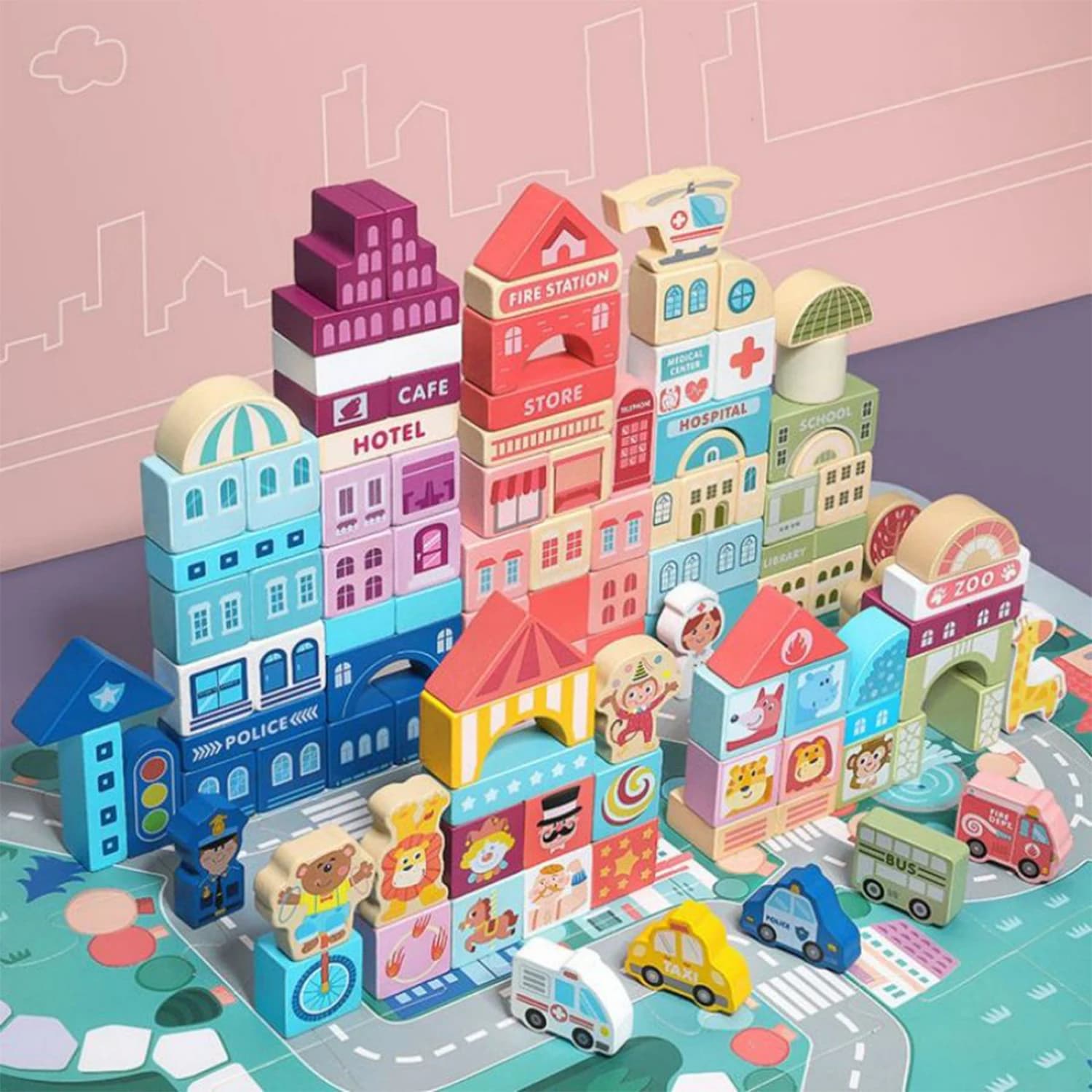 100 pezzi di blocchi di costruzione del traffico cittadino in legno giocattoli Montessori blocchi di costruzione educativi per bambini puzzle di assemblaggio geometrico