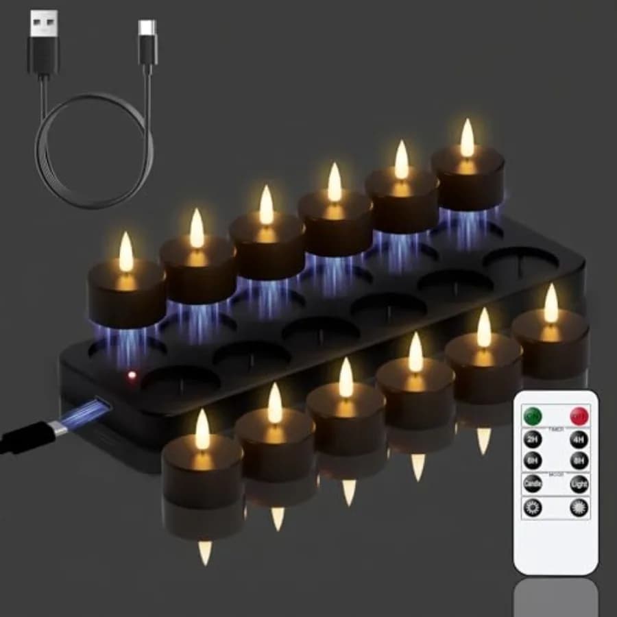 12 Candele Tealight Ricaricabili con Base di Ricarica e Telecomando Timer, Candele LED Senza Fiamma a Batteria per Halloween