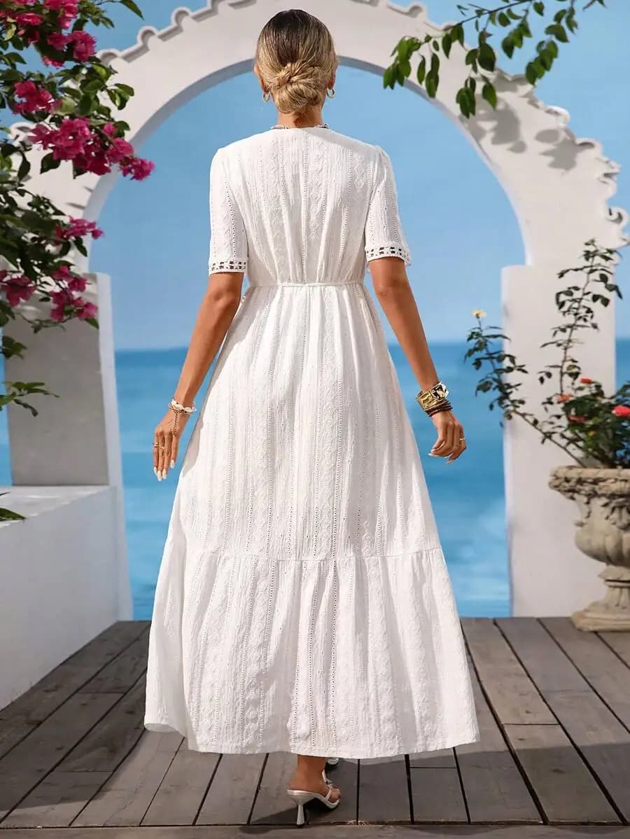 White Boho Beach Dress With Geometric Textured Lace Trim Short Sleeve V Neck Maxi Dress