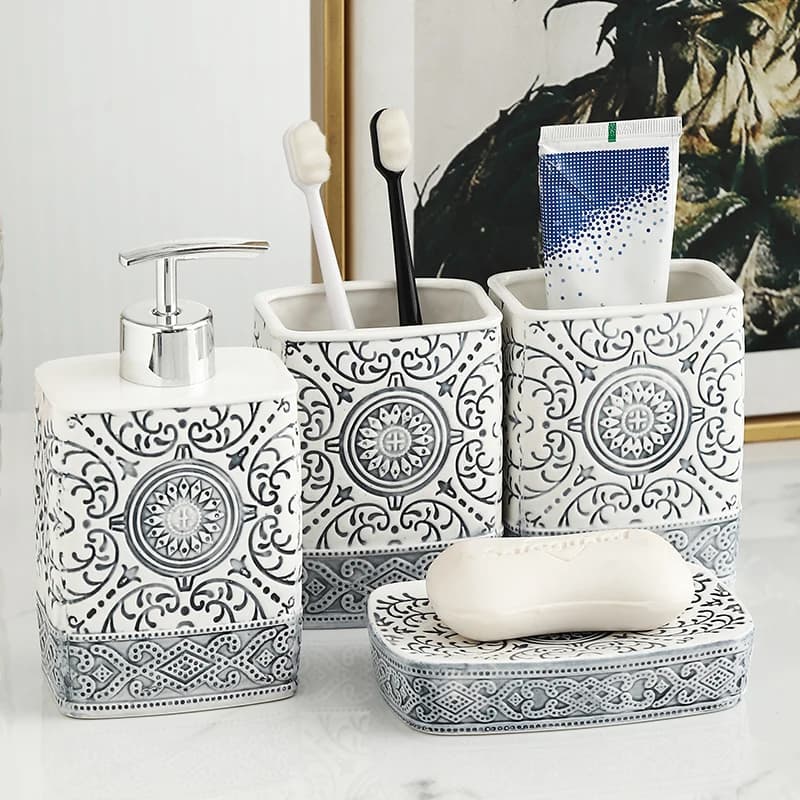 Moderna bottiglia di lozione in ceramica portasapone portaspazzolino Set da bagno Texture floreale Dispenser di sapone per imbottigliamento di Shampoo in porcellana