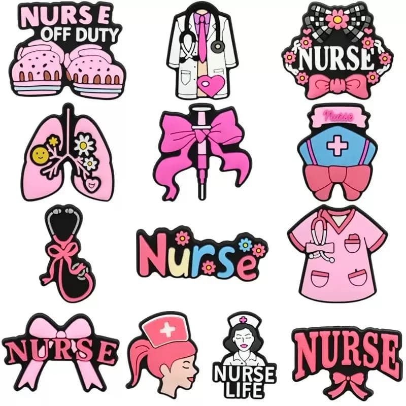 13-100pcs Pink Nurse Doctor Shoe Buckle Sandals DIY Accessories PVC Shoes Charms Clogs Pins Decor Kids Woman Party Gift