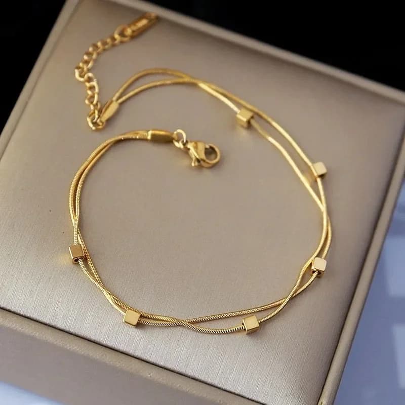 Squisito braccialetto geometrico a doppio strato con blocco quadrato per accessorio di gioielli con braccialetto in acciaio inossidabile color oro da donna