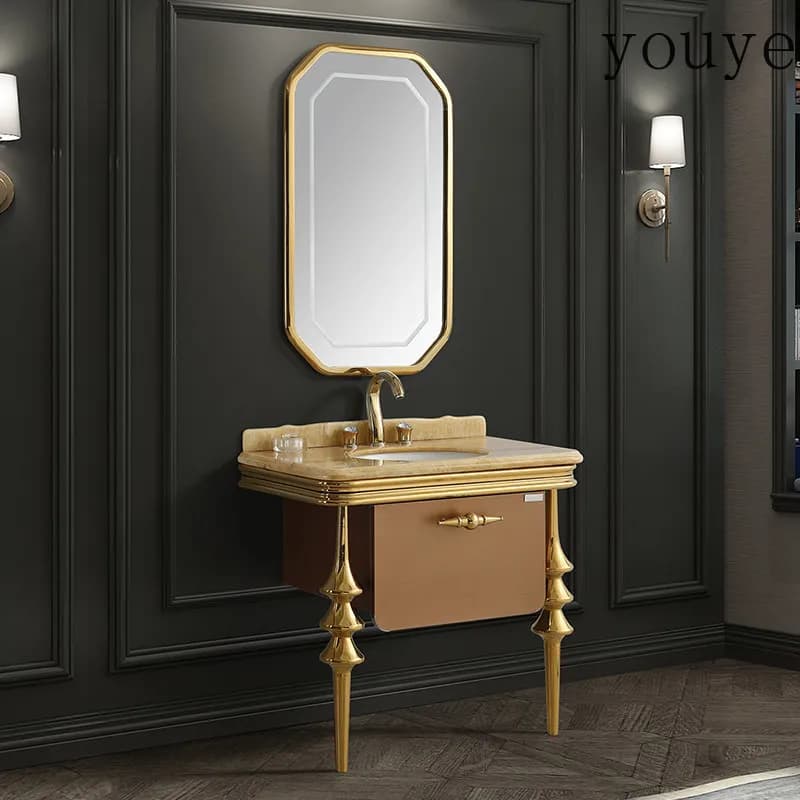 Stainless steel bathroom cabinet combination bathroom marble washstand smart mirror antique European washbasin
