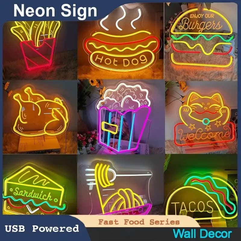 Insegna al Neon LED per Fast Food, Alimentata via USB, per Decorazione Murale, Bar, Ristorante, Cucina
