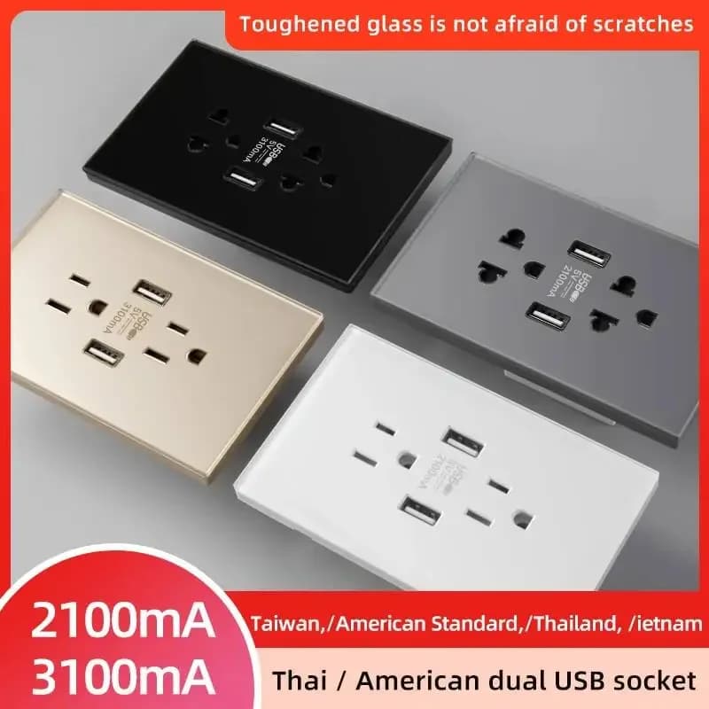 Herepow Thailand American Standard Dual USB Wall Socket Type-c 3.1A Fast Charging Patch Board Smart Home Appliance Plug Adapter