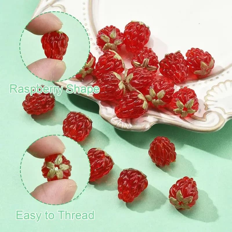 5 pieces of vibrating red handmade raspberry pearls with accents of green leaves for diy necklaces bracelets supplies for jewelry creation