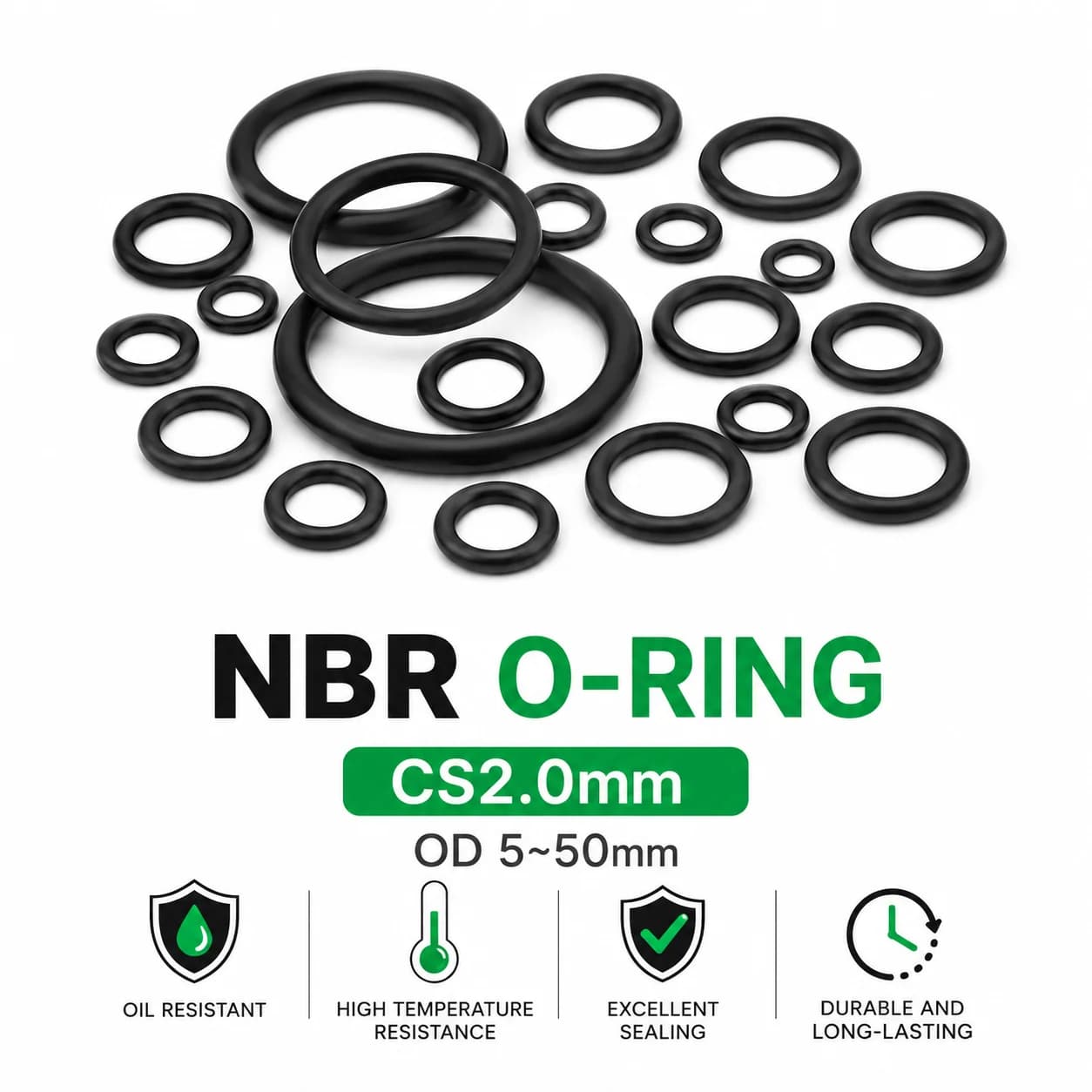 20 pieces of black nitrile rubber NBR O-ring kit CS 2mm outer diameter 5-50mm, anti-aging instrument leak proof ring.