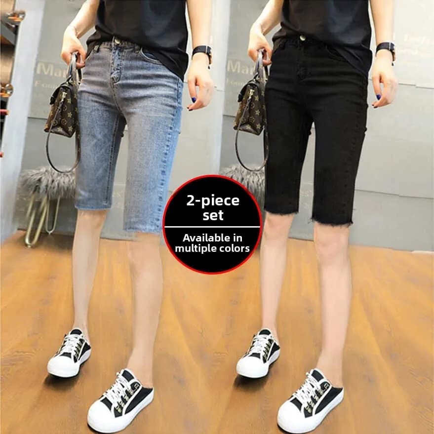 Blue High Waist Skinny Denim Shorts Women's Ripped Bicycle Riding Five-Quarter Cotton Stretch Jeans High Waist Shorts