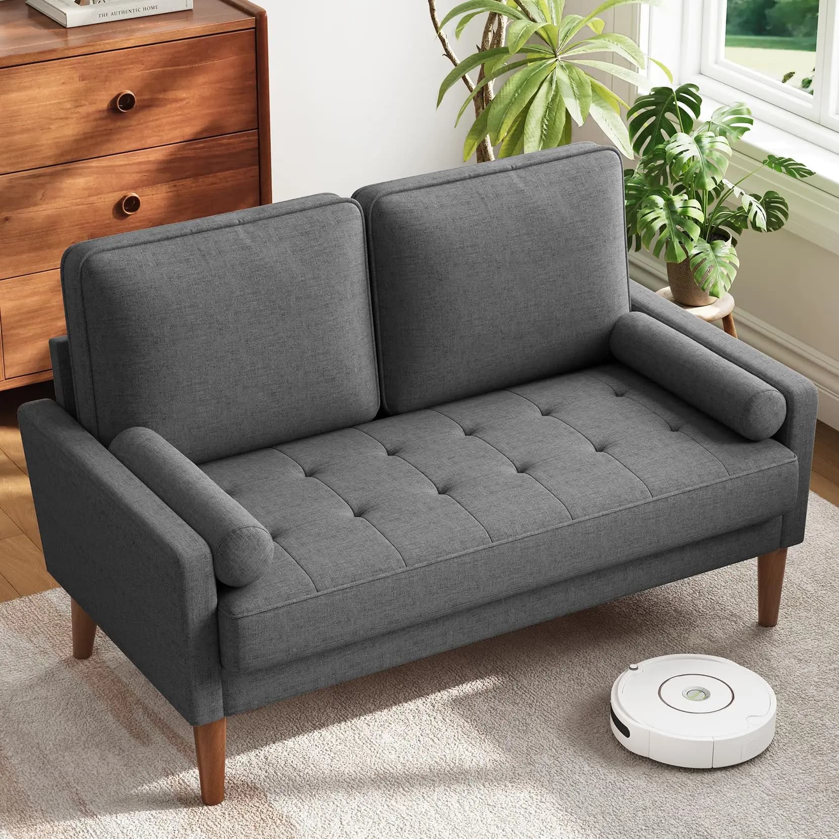 Divano a Due Posti da 48 Pollici, Piccolo Divano con Gambe in Legno Massello per Spazi Ristretti, Soggiorno, Camera da Letto, Facile Montaggio, Stile Mid-Century, Grigio