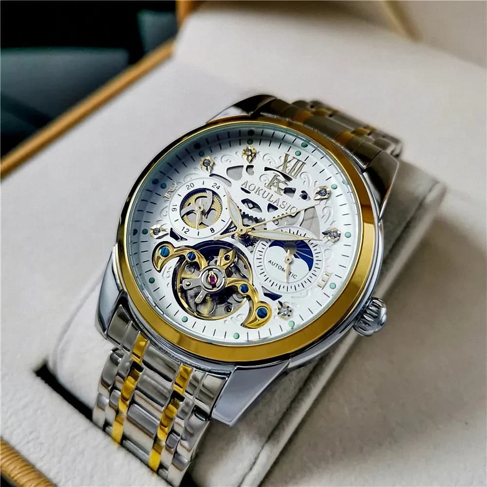 Orologi meccanici di marca di lusso Fasi lunari Moda Diamante Lancette luminose Tourbillon Scheletro Orologio automatico da uomo Cinturino in acciaio
