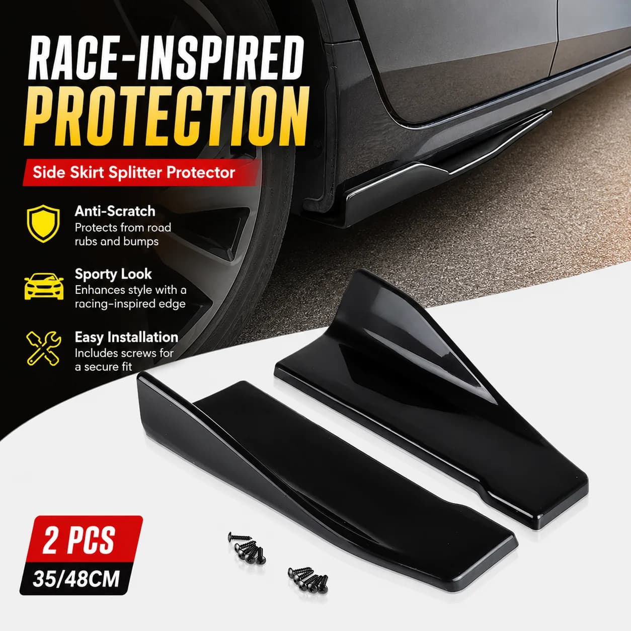 2pcs Universal Car Side Skirt Rear Bumper Lip Splitter Protector Anti-Scratch Gloss Black PP 35/48cm Racing Spoiler
