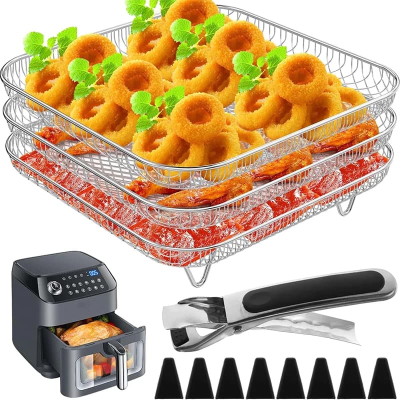 8 Inch Square Air Fryer Accessories 3 Layer Stackable Air Frying Grid for Philips Dehydrator Support, COSORI, Ninja Foodi