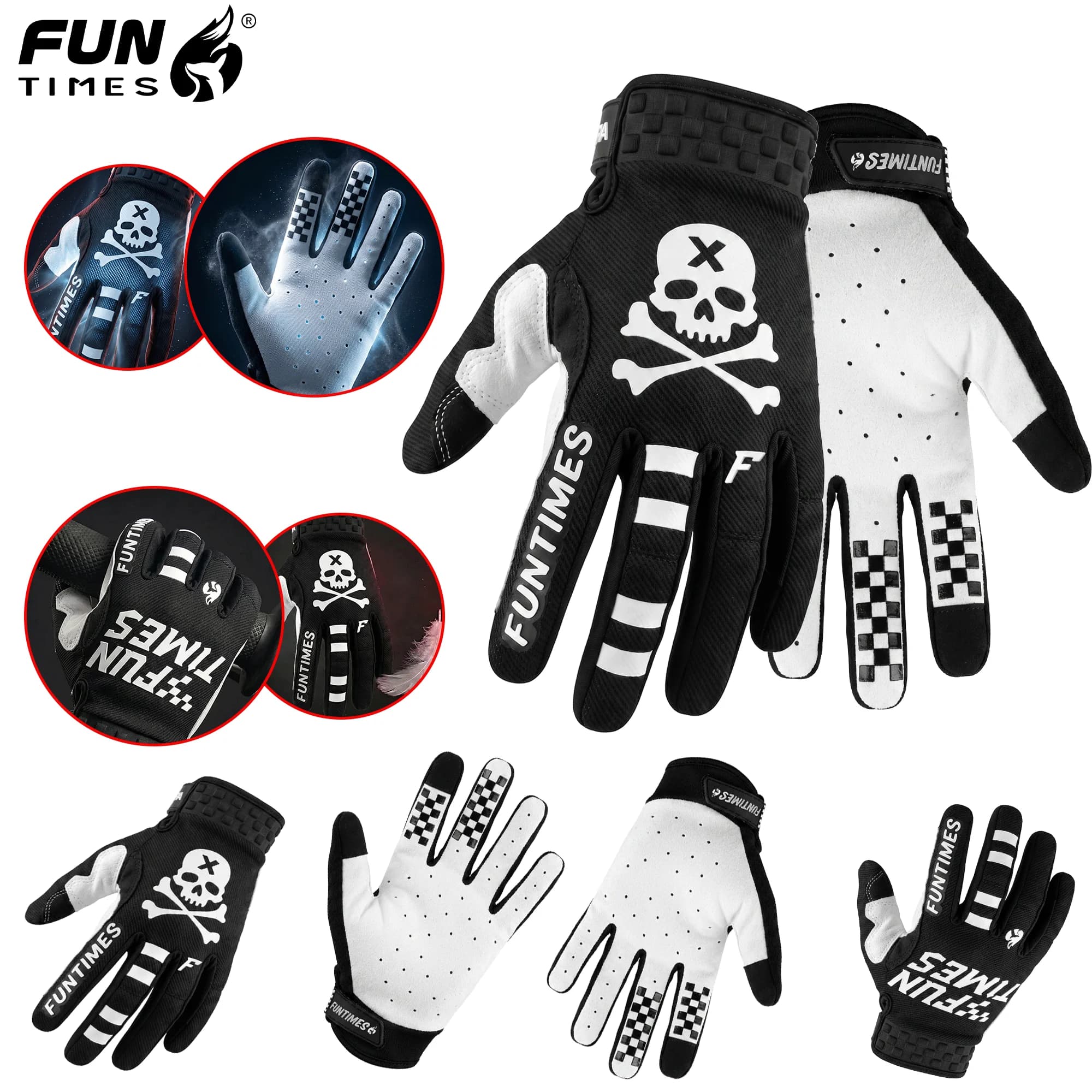 FUNTIMES New Black And white Motorcycle Long Finger Riding Gloves for Men And Women