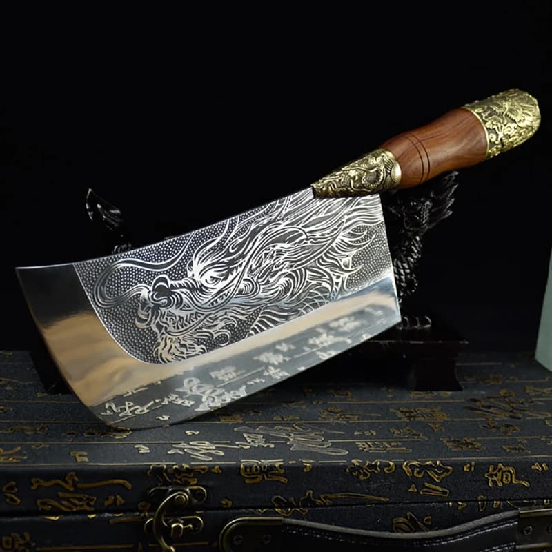 Longquan coltelli da cucina 7Cr17MoV acciaio 8 pollici Sharp affettare mannaia coltello fatto a mano rame drago Decor maniglia carne pollame strumenti