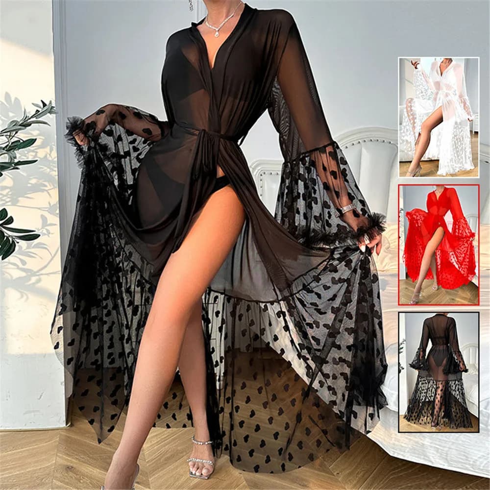 Sexy nightdress in transparent mesh Kimono Bathrobe Nightdress Casual Women's Nightwear
