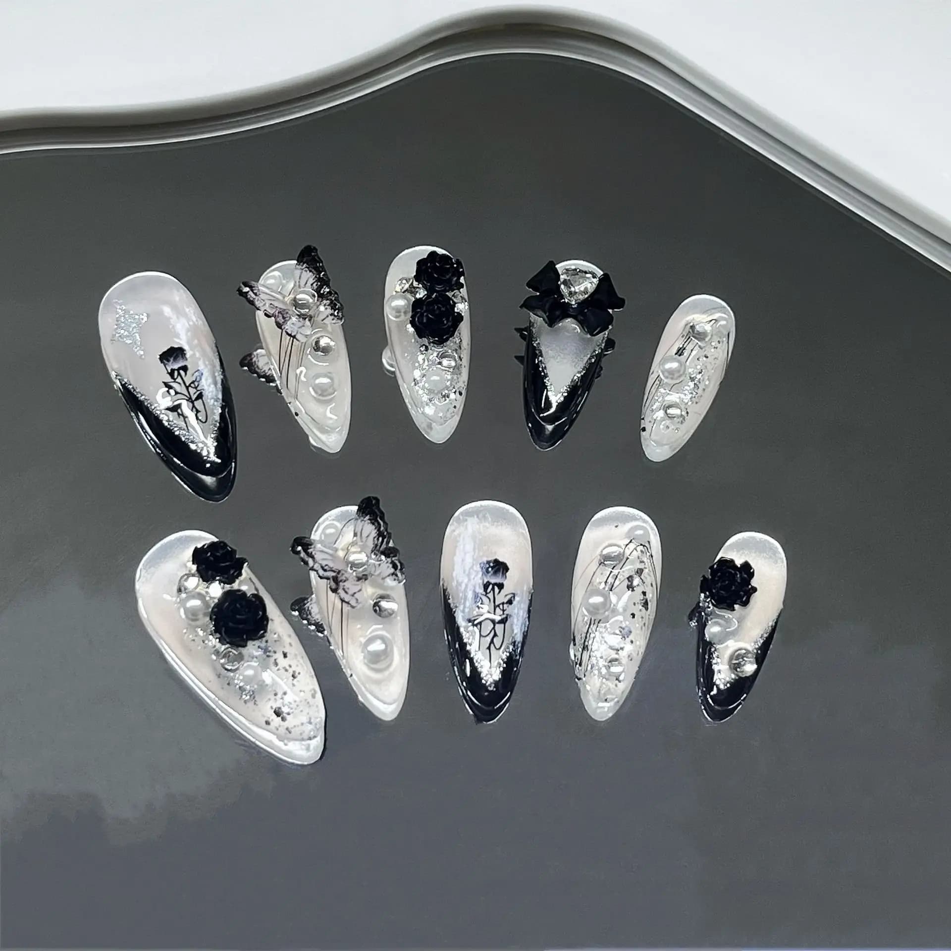10 pieces soft hand-made almond print on 3D nails butterfly pink stick on nails gel with glue acrylic nail tips cat metallic eye