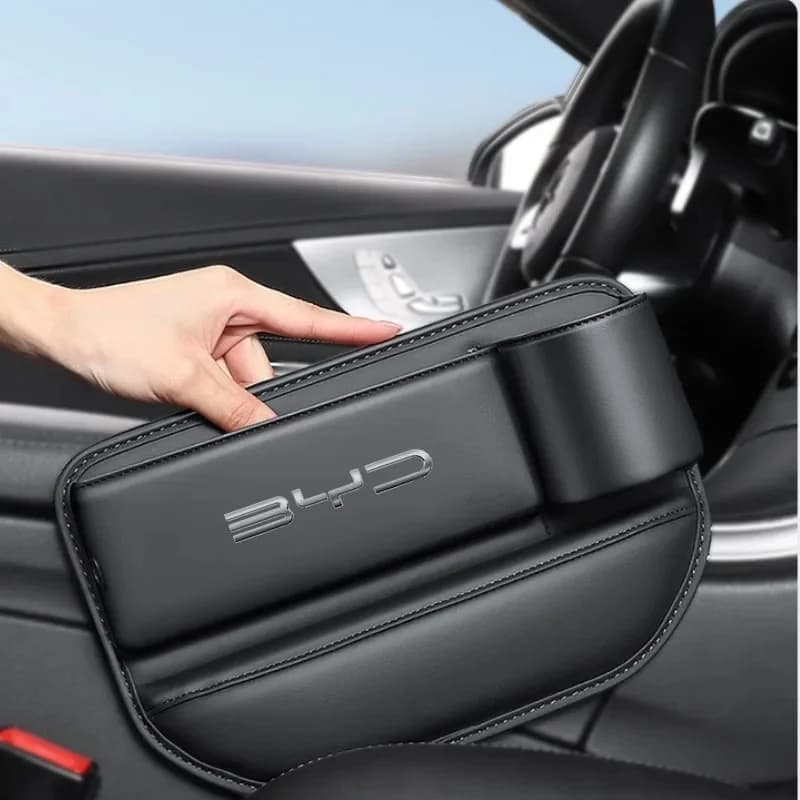 Car Side Seat Gap Leather Storage Box For BYD Dolphin Seal Atto3 Han Tang Song Yuan Gap Filler Organizer With Drink Cup Holder P