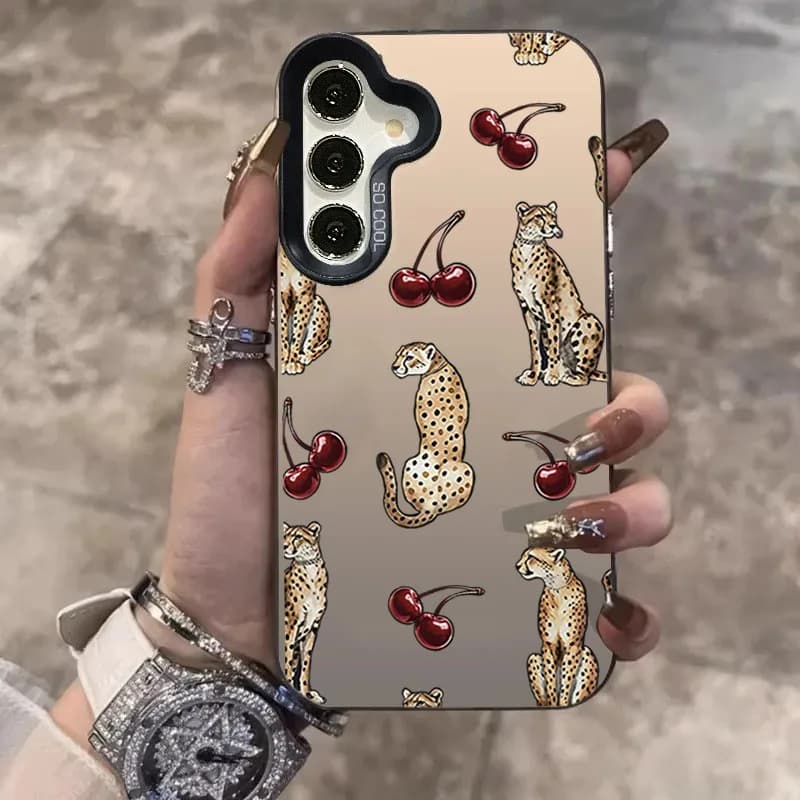 Laser phone case with cherry leopard design for Samsung Galaxy S25 FE Cases S24 Ultra S23 S22 Plus A56 A55 A54 A36 A26 A16 Cover