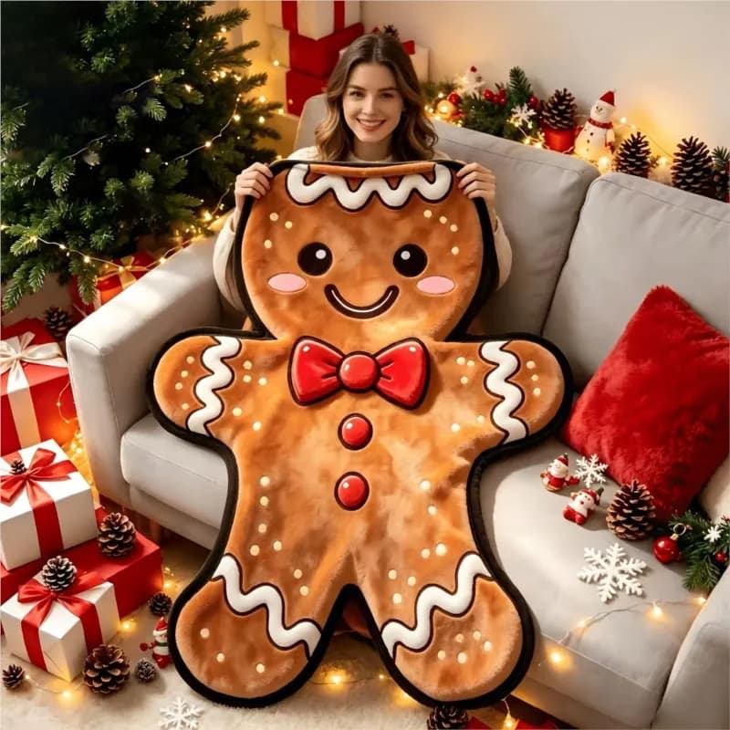 Gingerbread Man Shaped Blanket Cookie Bow Winter Warm Soft Skin-Friendly Flannel Blanket Christmas Gift Festival Home Decor 1PC